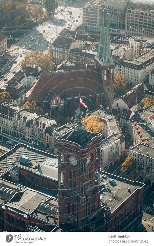 View of Rotes Rathaus from the Berlin television tower on Berlin Contrast Deep depth of field Day Copy Space bottom Copy Space top Copy Space middle