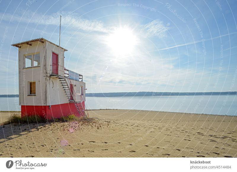 helenesee Lake Lakeside Water Sky Calm Copy Space right Colour photo Beautiful weather Beach Deserted Blue Lifeguard tower Relaxation Idyll