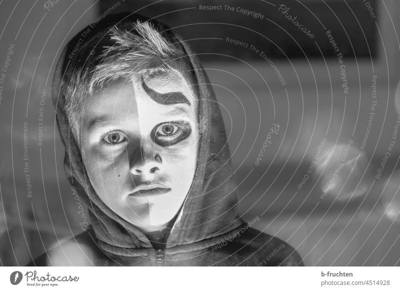 Child with face paint, Helloween, Ghost Mask painting Face portrait Carnival Creepy Hallowe'en Dark Schoolchild Black & white photo cladding Hooded sweater