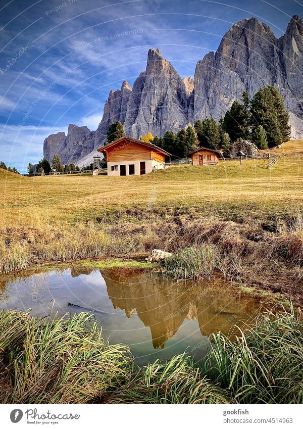 Geisleralm, South Tyrol mountains Alpine pasture Mirror Dolomites Hiking Relaxation Landscape Summer Sky Calm Day Alps