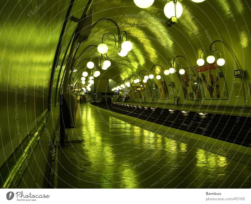 metro station Underground Green Railroad tracks Tunnel Lantern Dark Paris Transport Cellar arch Light
