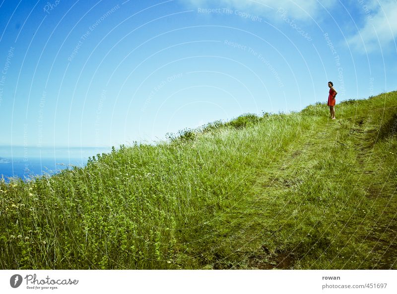 greenish-blue Human being Feminine Young woman Youth (Young adults) Woman Adults 1 Environment Nature Landscape Sky Beautiful weather Meadow Field Mountain