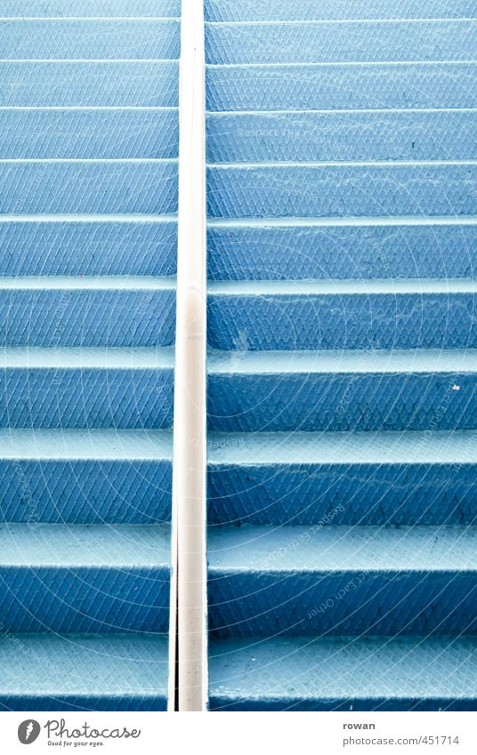 staircase Stairs Blue Metal Steel Tin Metal steps Banister Upward Go up Colour photo Deserted Copy Space left Copy Space right Neutral Background Day