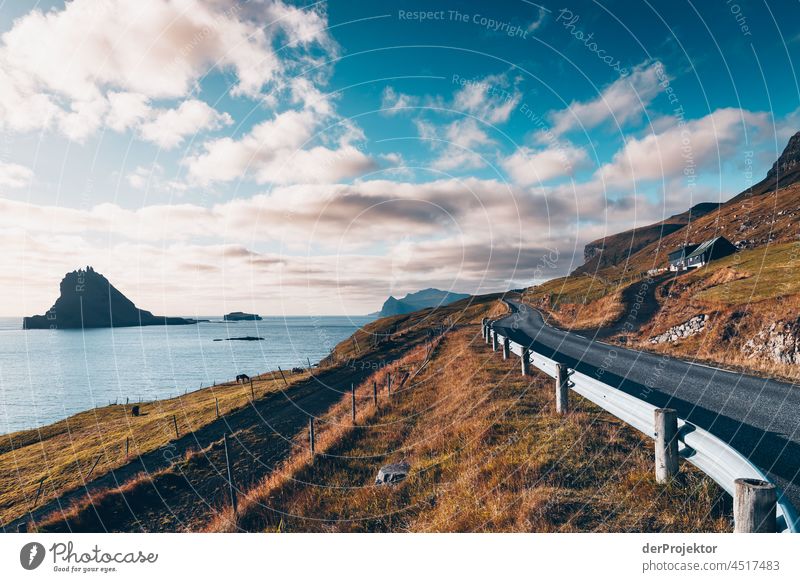 Road with a view of the Faroe Islands Gásadalur Surf curt Slope Territory Sun Dismissive cold season Denmark Experiencing nature Adventure Majestic Curiosity
