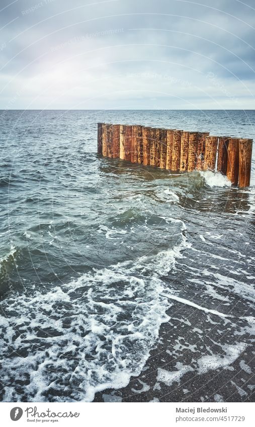 Wooden breakwater seen from a beach, color toning applied. sea coast wooden shore ocean tide nature toned nobody coastal horizon row view wave filtered effect