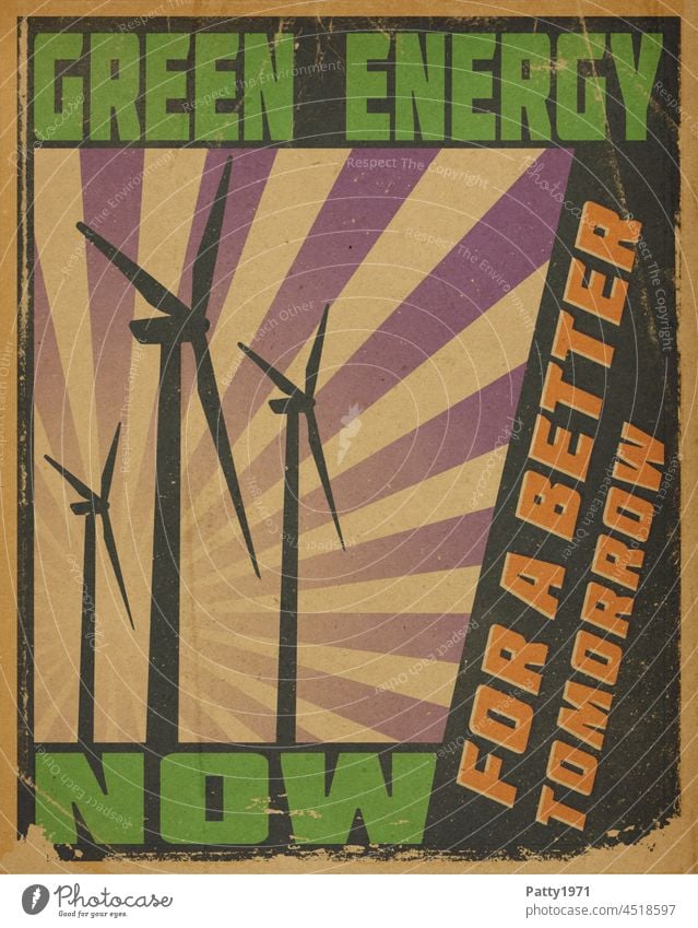Retro propaganda poster with text GREEN ENERGY NOW. Wind turbines in front of stylized sun rays background propagandized Poster wind power Pinwheel green energy