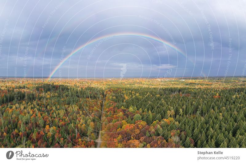Double rainbow over a green and autumn colored forest as a concept for the beauty of our nature in the rainy fall saison. colorful outdoor scenic sky view