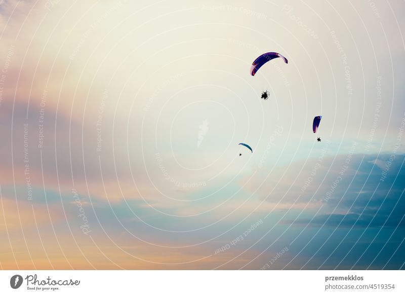 Paragliders flying in the sky. Paragliding in the cloudy colorful sky at sunset paraglider sport flight air freedom hobby recreation person extreme action alone