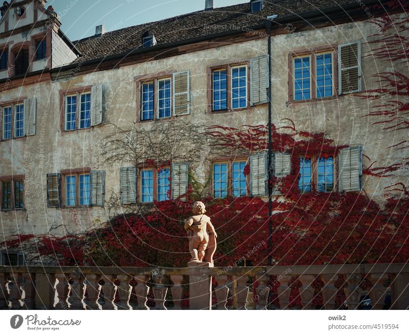 Baroque butt Figure Putto Fat Childlike bottom luminescent Historic Small standing Adornment Decoration Fence Fencing Sandstone Old Monastery Building