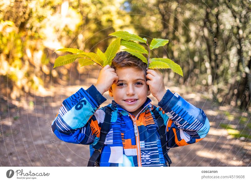 Little kid playing with leaves in autumn adorable autumn leaf autumnal boy bright caucasian child childhood close-up colorful cute face fall foliage forest fun