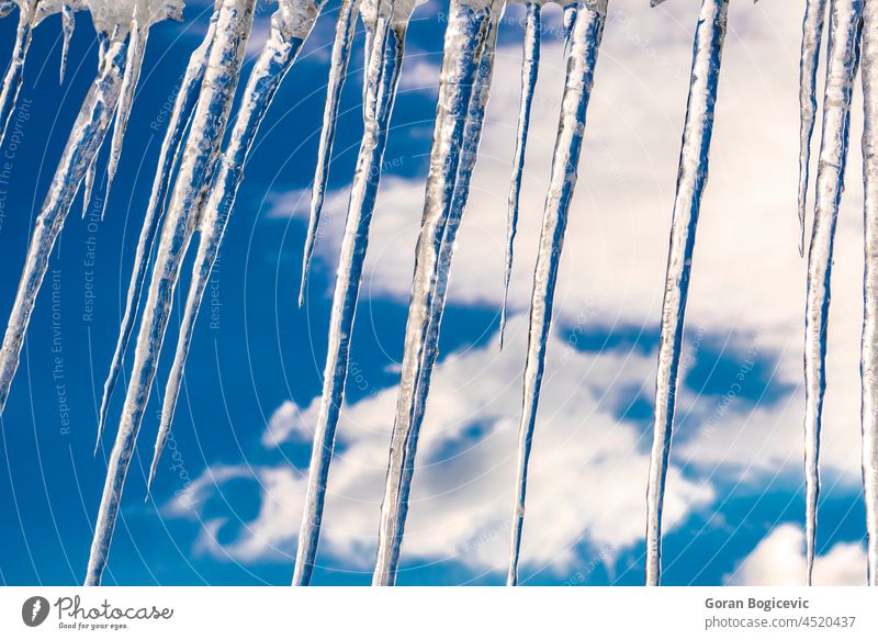 Icicles hanging from the roof drop beauty crystal bright winter cold ice melt white frost weather season icy sky water blue background snow shiny icicle