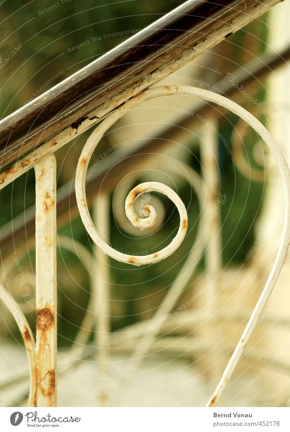 spiral steel Banister Old Rust Varnished Spiral Steel Wrought ironwork Black Yellow White Yellowed Blur Patch Tilt Green Stairs Colour photo Exterior shot Day