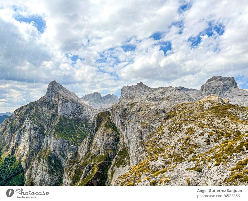 View of the top of the rocky mountains from the Ruta del Cares in the Europe peaks, in Asturias, Spain. nature scenery asturias spain peaks of europe route park