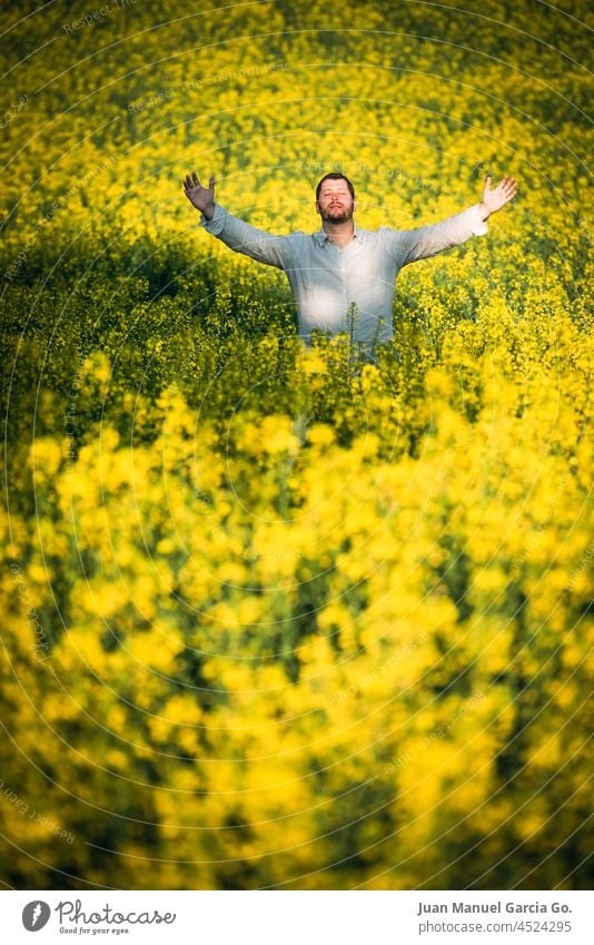 Middle-aged man with his arms open facing the sun, in an attitude of gratitude in a field of wild flowers hug pray receive liberty serenity tranquility