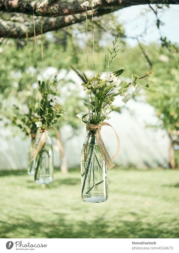 Flower vases hanging from a tree, wedding decorations flower glass bunch nature rustic celebration green outdoors garden romantic summer bouquet elegance scene