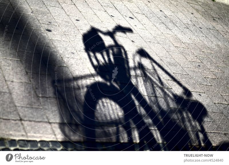 The bike with shopping basket in front is not visible - only its shadow on sunny stones Bicycle Ladies' bicycle Shadow Stone floor Sunlight Shopping basket