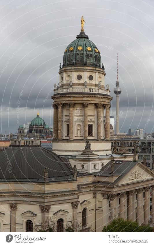 The German Cathedral with TV Tower and Berlin Cathedral Gendarmenmarkt Television tower Autumn Middle Dome Capital city Berlin TV Tower Tourist Attraction