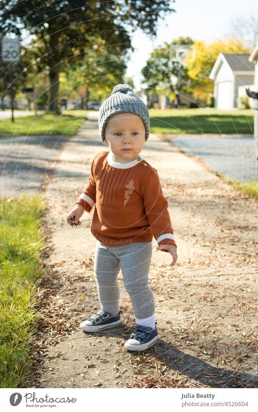 16 month old walking on the sidewalk in her neighborhood in fall; toddler wears rust colored sweater and knitted hat 16 months old fashion beanie pause look