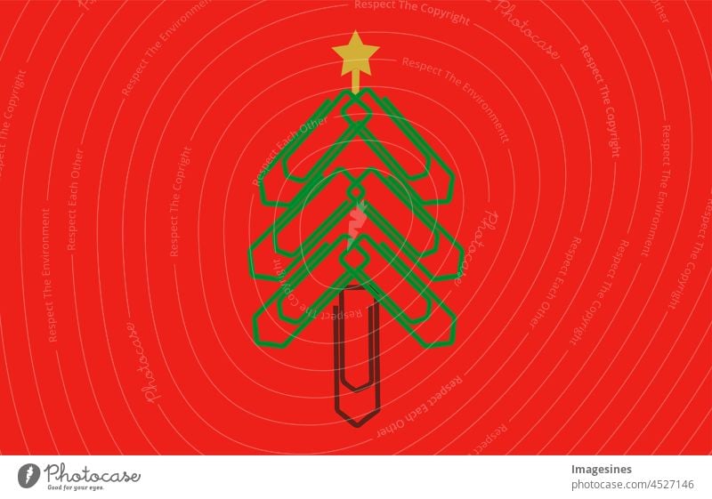 Merry Christmas in office supplies model. Paper clip Christmas tree on red background. Paper clip christmas tree. Christmas background. Vector illustration