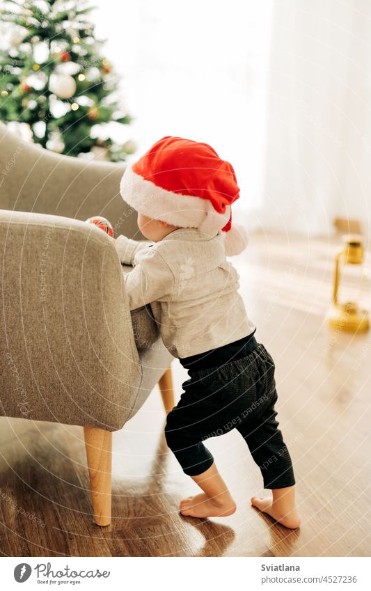 A little boy in a Santa Claus hat is standing near an armchair with a Christmas tree toy in his hands next to the Christmas tree. Preparation for the holidays, festive decor