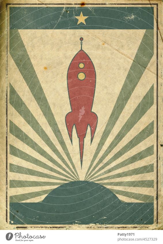 Retro Revolution Propaganda Poster. Stilisierte Rakete und Sonnestrahlen auf grunge Papier Hintergrund propaganda poster revolution rakete retro hintergrund