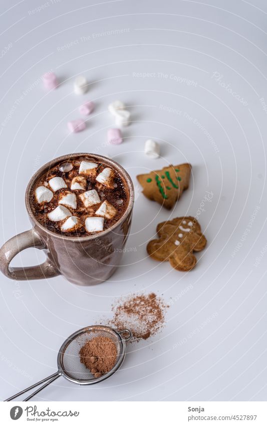 A cup of hot chocolate with marshmellows and gingerbread cookies on a white table Hot Chocolate marshmallow cute Cup Dessert Gingerbread Cookies Beverage