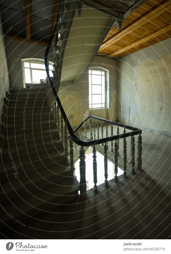 old staircase connects floors vertically with each other Staircase (Hallway) Stairs Architecture rail Banister Shadow Shaft of light Room Deserted