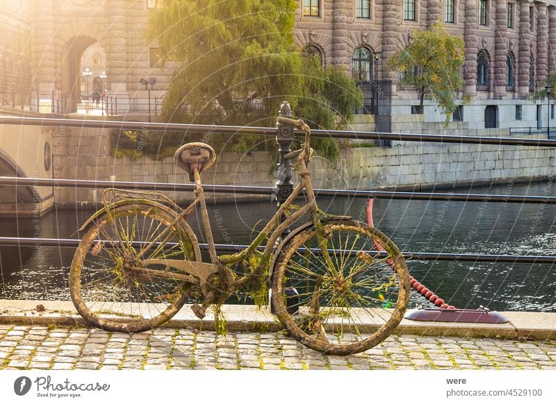 A rusty old bicycle covered with seaweed stands on the railing of a canal in Stockholm H2O Liquid Railing Salvage Sea copy space cycling cyclist drip drops