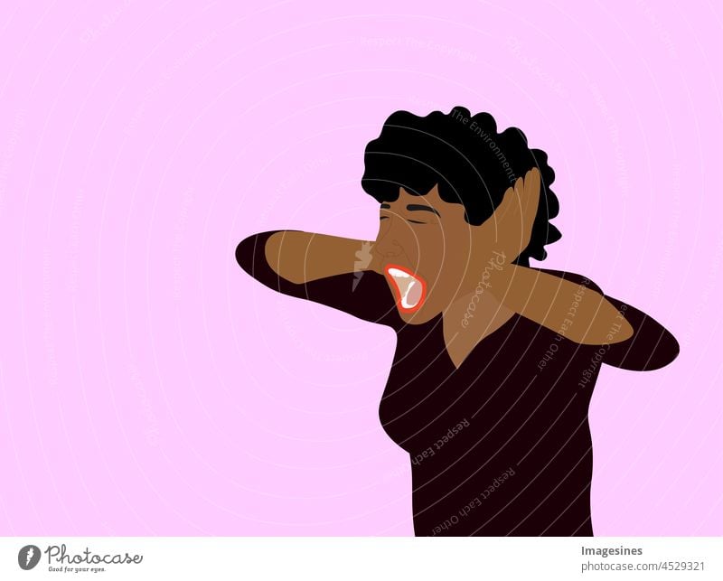 Young emotional very angry and worried woman screaming. Screaming black woman covering her ears Both. Hands girl of African descent covering her ears to protect herself