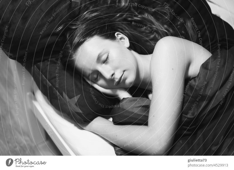 Black and White Portrait | Sleeping Young Woman portrait Youth (Young adults) Young woman Human being 13 - 18 years 16 16 years pretty Black & white photo Dream