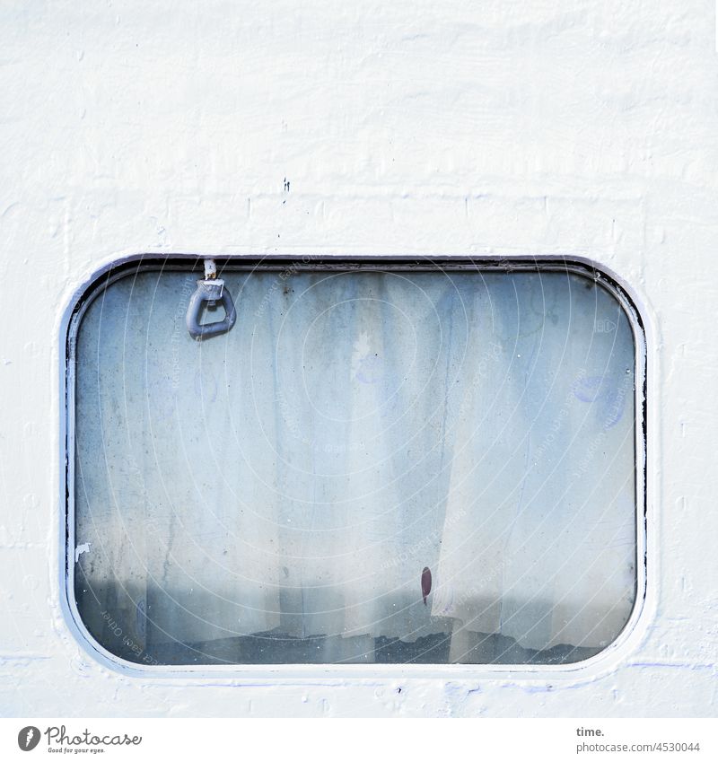 Poetry & Truth - Ship's window with curtains and brakes Window ship Metal Iron reflection window opener Locking device Curtain Drape Patch of colour