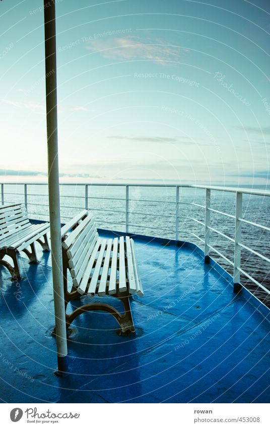blue Ocean Navigation Cruise Boating trip Passenger ship Cruise liner Blue Bench Deck Handrail Vantage point Far-off places Horizon Calm Relaxation Dusk Evening