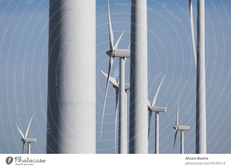 Group of wind turbines, producing renewable energy, in the municipality of Rueda de Jalon, Valdejalon region, Zaragoza province, Aragon, Spain group of