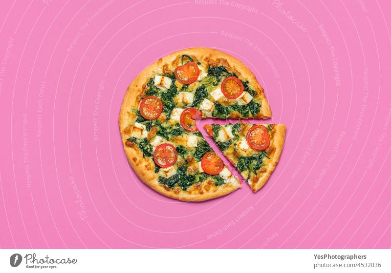 Vegetarian pizza top view. Spinach pizza isolated on pink background above baked carton cheese color cooked copy space crust cuisine cut out delicious diet