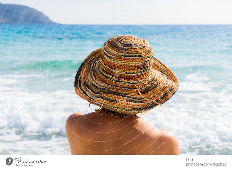 Longing place l woman on the beach Beach Woman Ocean Vacation & Travel Relaxation Water Horizon Hat Straw hat coast Mediterranean sea Greece Crete Tourism Idyll