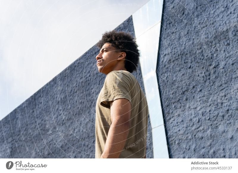 Relaxed black man near stone wall peaceful carefree harmony serene dream dreamy tranquil quiet male sunlight curly hair calm sunshine afro freedom idyllic