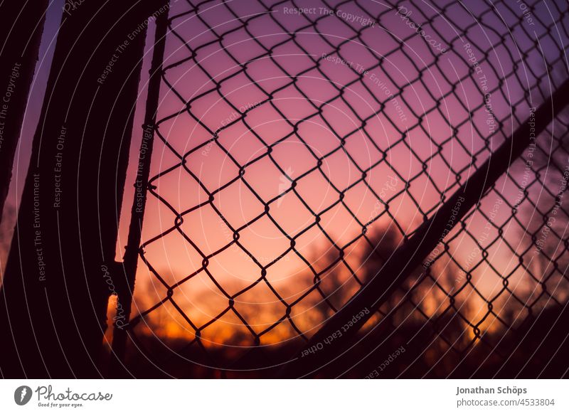 Fence in front of evening sky in late autumn Silhouette Violet Gaudy colored variegated Red Orange purple Color gradient Evening Twilight Sky Sunset Nature