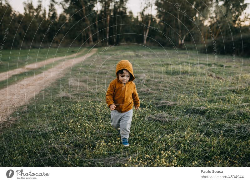 Child with orange hoodie walking childhood 1 - 3 years Caucasian Hooded (clothing) Hooded sweater Portrait photograph Masculine Sweater Exterior shot