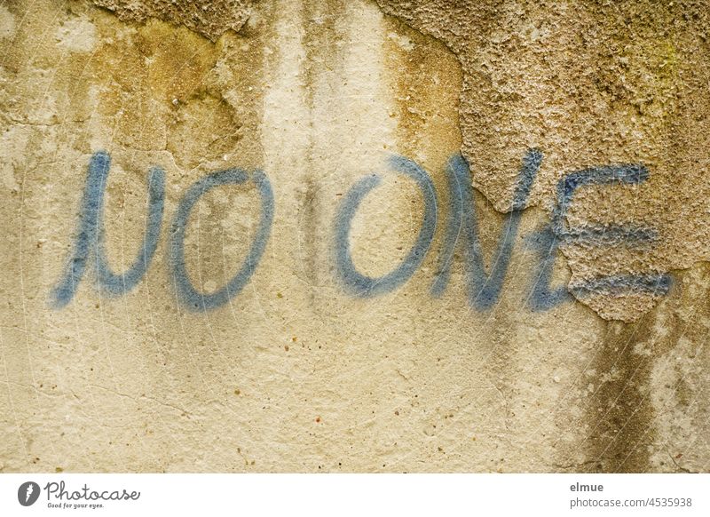 NO ONE is written in blue block letters on the old wall / nobody no one writing Graffito Graffiti Lifestyle Wall (building) house wall Typography Communication