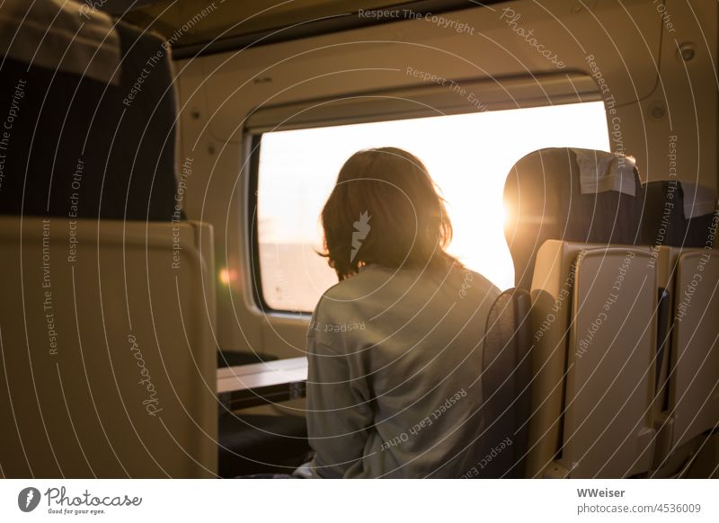The girl looks out of the train window into the sunrise, on her way to new adventures voyage Train train ride Window Carriage Railroad Driving travel go away