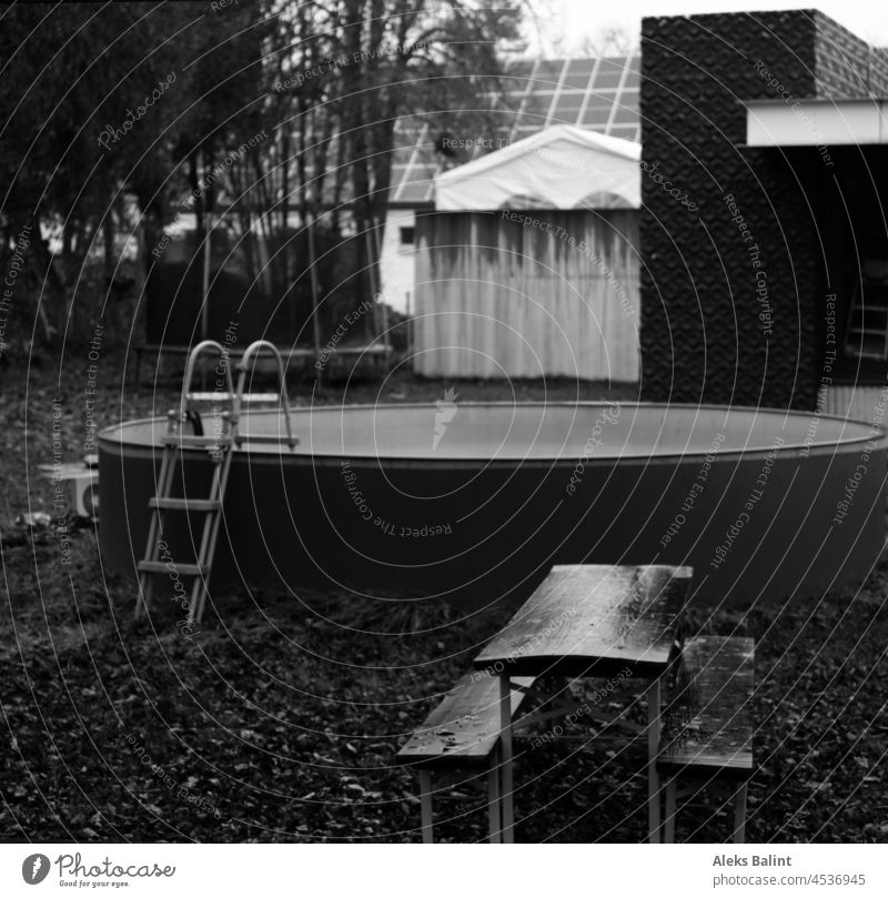 Abandoned garden in autumn with empty pool, table and benches in the rain and leaves. forsake sb./sth. Garden Table and benches Autumn foliage Rain Wet Deserted