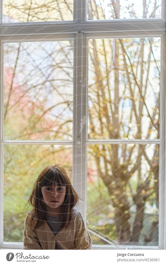 Girl sitting on a windowsill, on the window girl child person people boy kid one portrait childhood little home indoors alone glass expression beauty caucasian