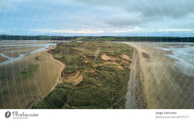 aerial drone view of the dunes of Tramore, Waterford Ireland. Sandhills natural park tramore ireland holiday travel irish landscape nature tourism outdoor