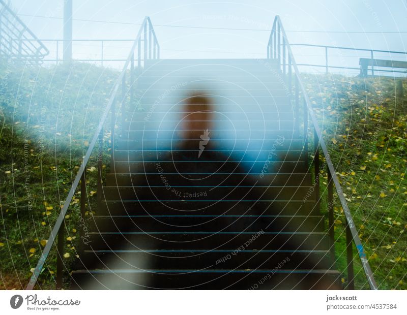 shadowy figure in front of stairs Human being Double exposure defocused hazy Stairs Banister Sky Outdoors slope Meadow Reaction Silhouette Illusion Experimental