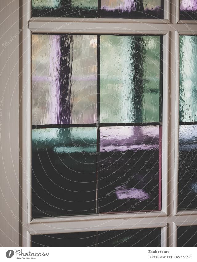 View through coloured glass pane of an interior door to window Inner door Glass door colored Pane Window Light Looking Violet Green rungs Window frame Wood
