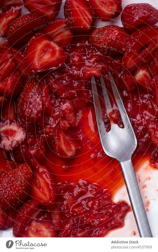 Sugar-coated sliced strawberries tasty strawberry sugar food red top view natural dessert overhead sticky snack confection fruit juicy sweet background jam