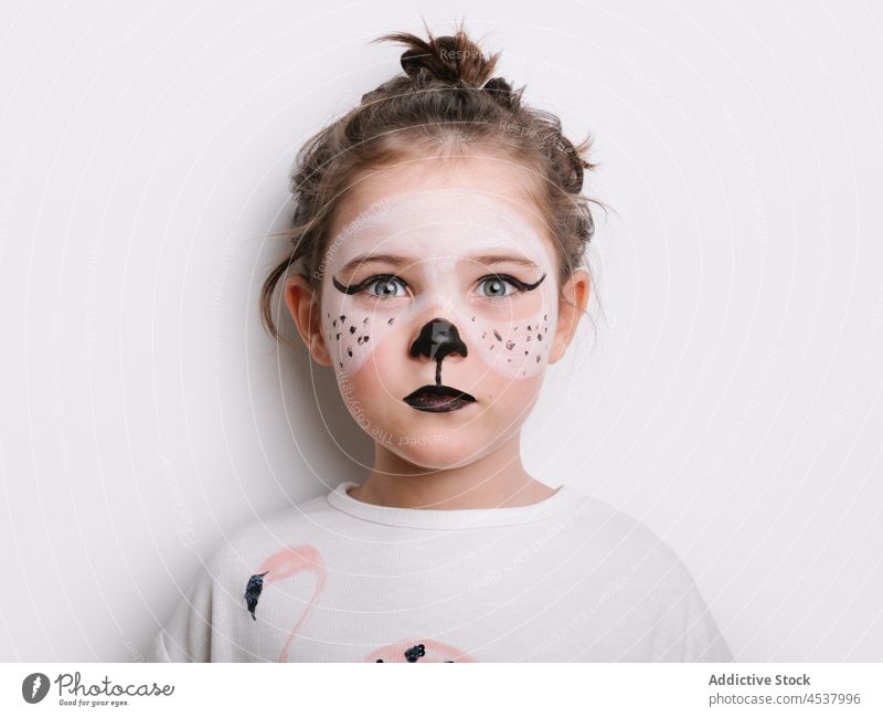 Cute girl with cat makeup kid childhood costume paint disguise pretend playful cute smile content creative light joy appearance glad style studio whisker