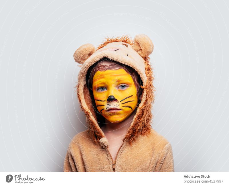 Upset boy in lion costume kid upset sad childhood paint disguise tear cat cute creative mane light appearance style studio cloth whisker attire outfit unhappy