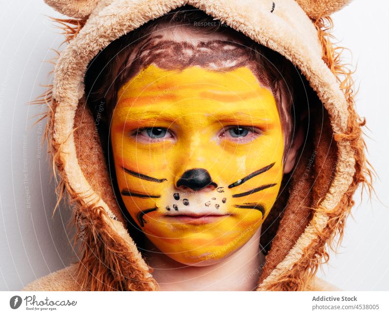 Upset boy in lion costume kid upset sad childhood paint disguise cat cute creative mane light appearance style studio cloth whisker attire outfit unhappy