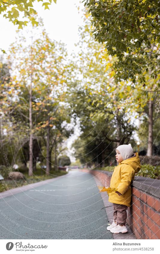 Cute caucasian baby girl one year old walking at autumn outdoor. Happy healthy kid with smiley face enjoying life and fall season on sunset child leaf person